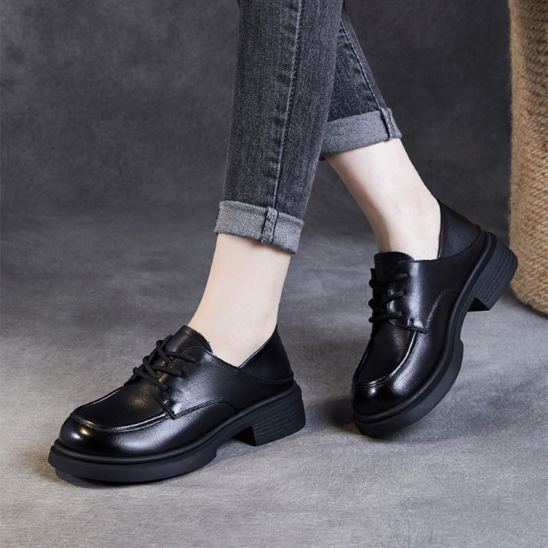 Women Retro Leather Lace-up Casual Loafers-RAIIFY