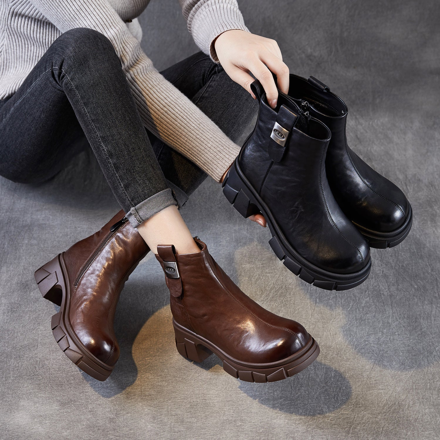 Women's Retro Leather Furred Chunky Heel Boots-RAIIFY