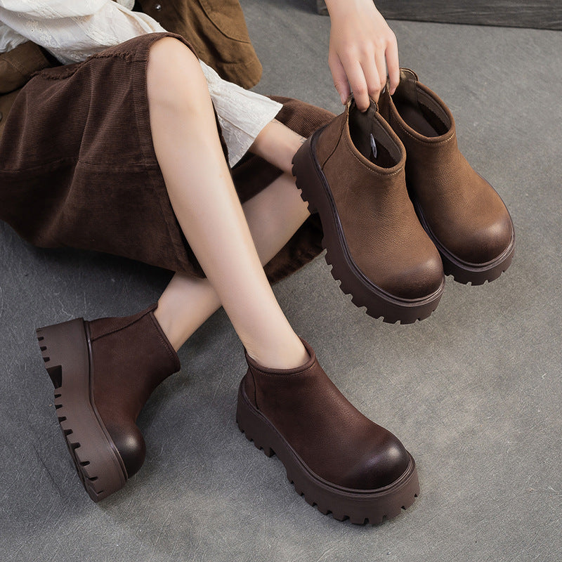 Women's Retro Plain Leather Chunky Platform Ankle Boots-RAIIFY