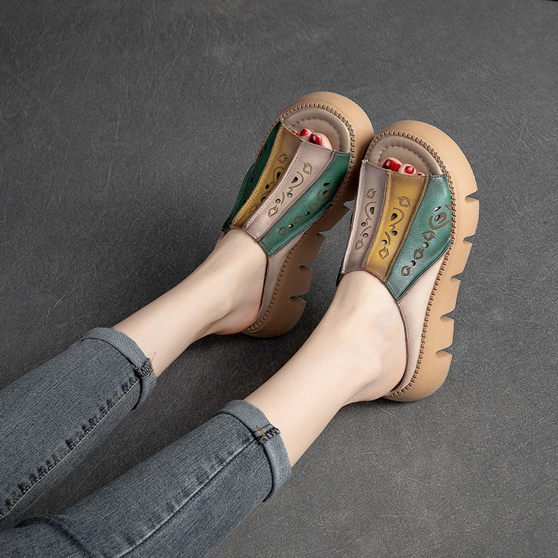 Women's Fashion Color Matching Leather Platform Slides-RAIIFY