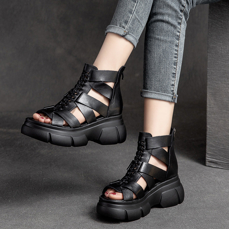 Women's Retro Plaited Leather High Top Platform Sandals-RAIIFY