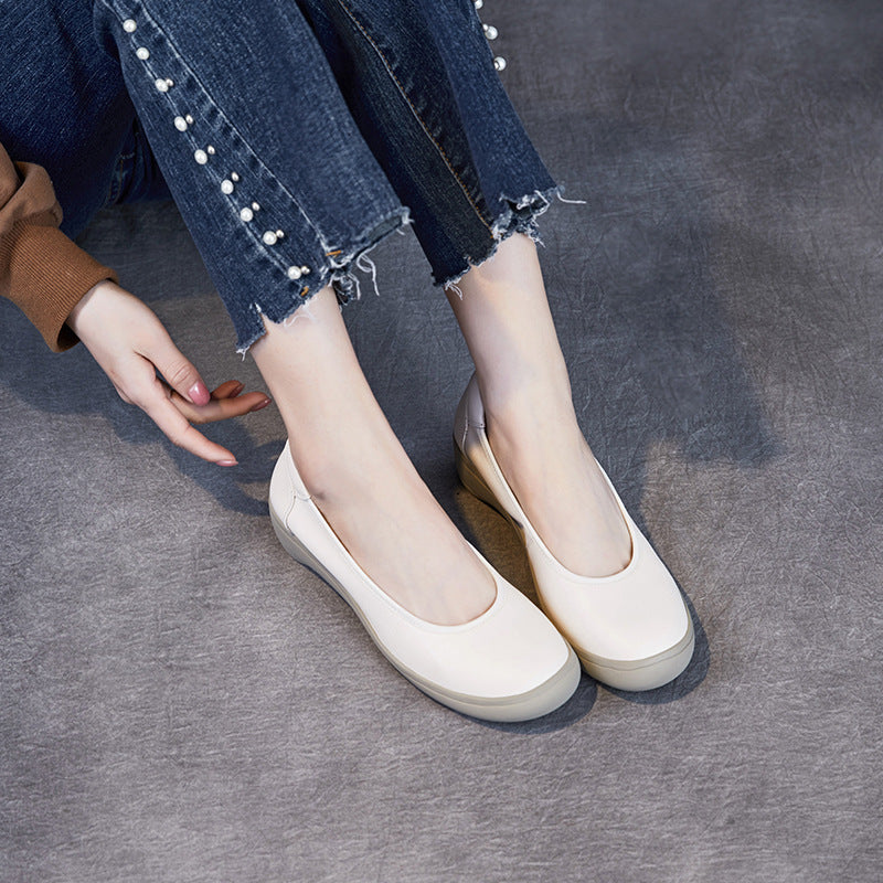 Women Simple Solid Leather Low Wedge Casual Shoes-RAIIFY