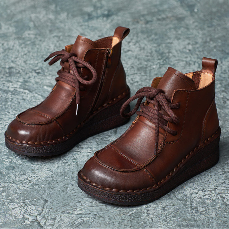 Women Retro Handmade Leather Wedge Ankle Boots-RAIIFY