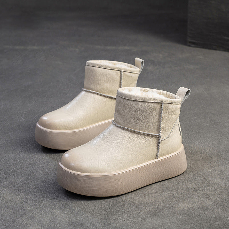 Women's Plain Leather Platform Ankle Snow Boots