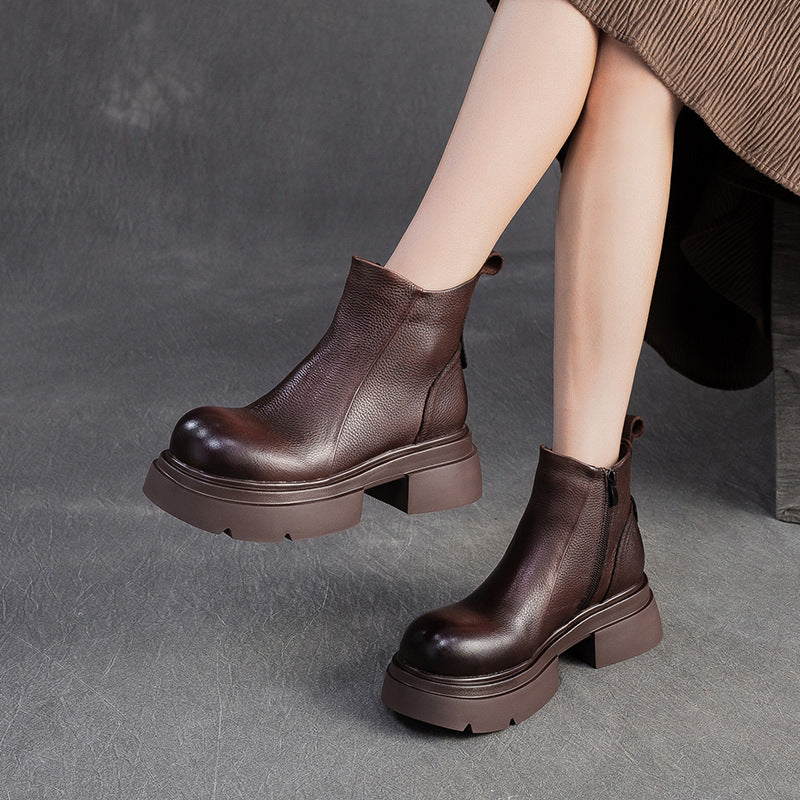 Women's Minimalist Plain Leather Platform Ankle Boots-RAIIFY