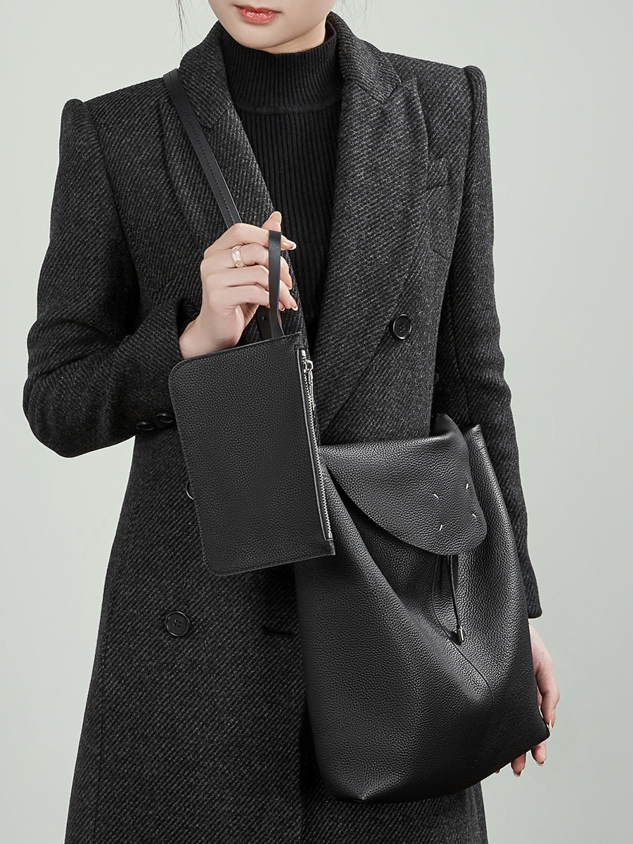 Women's Plain Leather Hobo Tote Bucket Crossbody Bag-RAIIFY