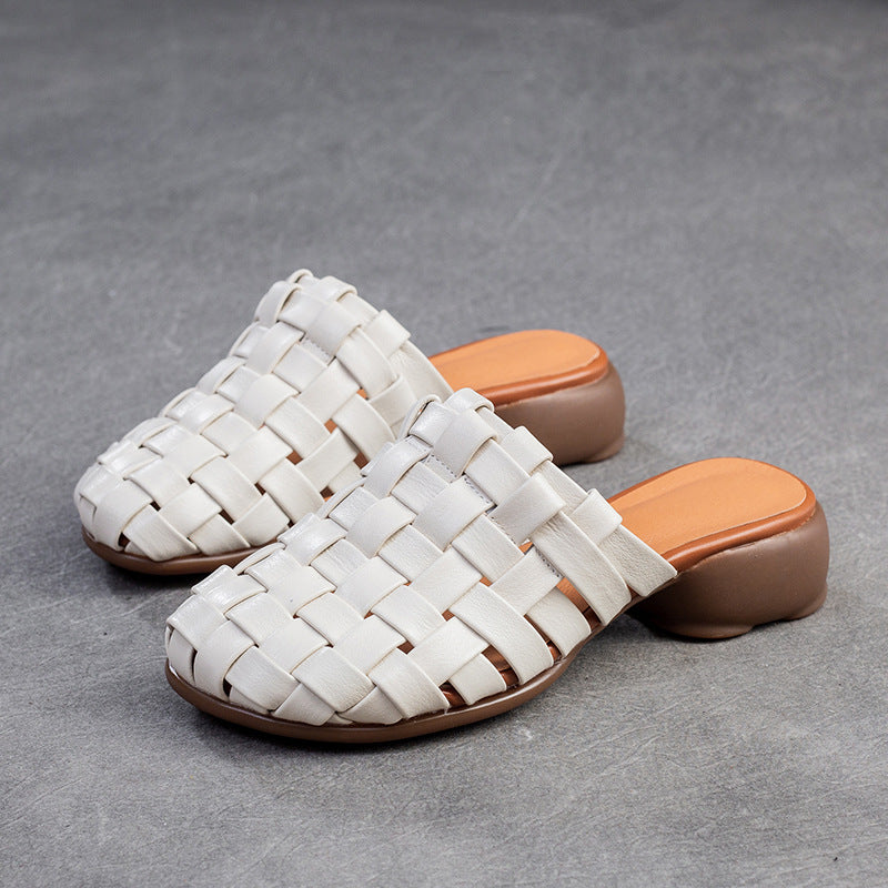 Women Handmade Plaited Leather Low Block Slides Sandals-RAIIFY
