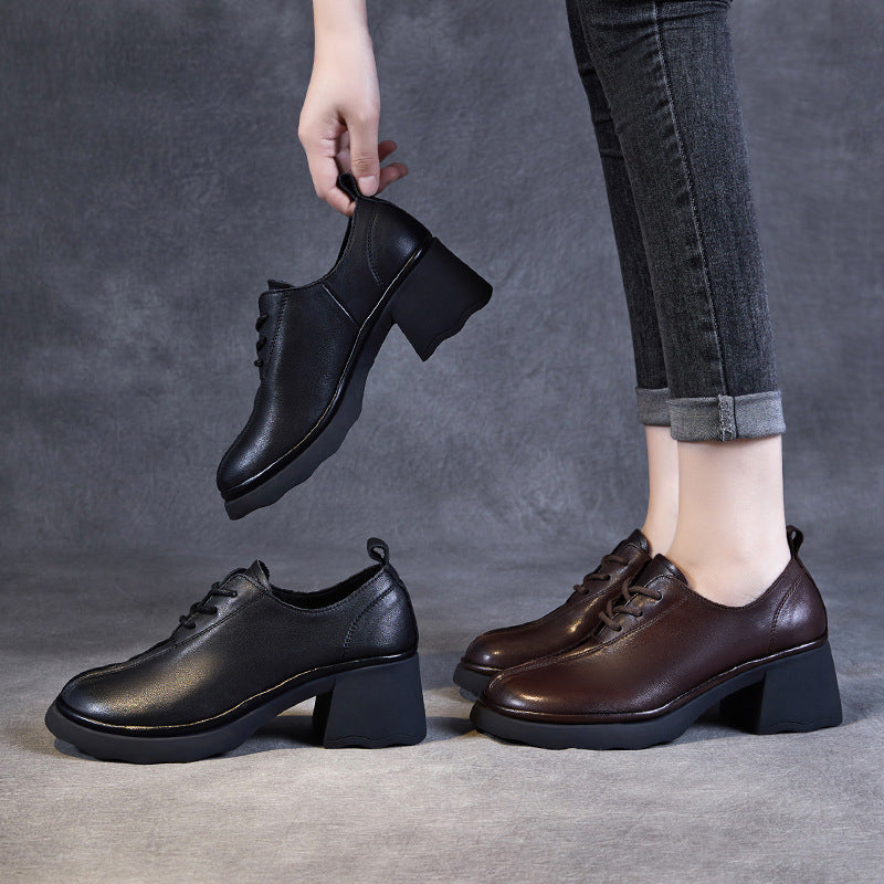 Women Retro Leather Chunky Heel Casual Shoes-RAIIFY