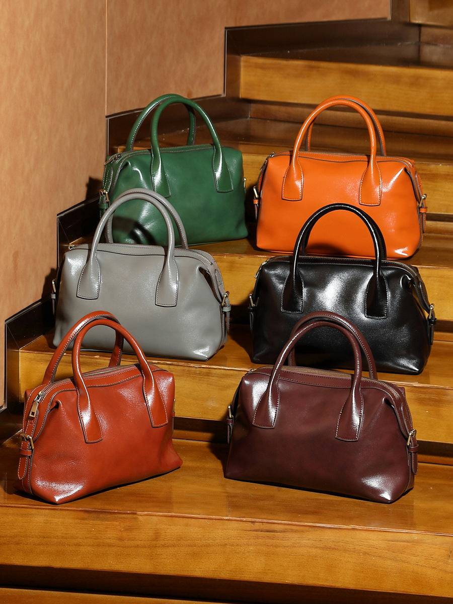 Women's Vintage Plain Leather Casual Boston Bag-RAIIFY