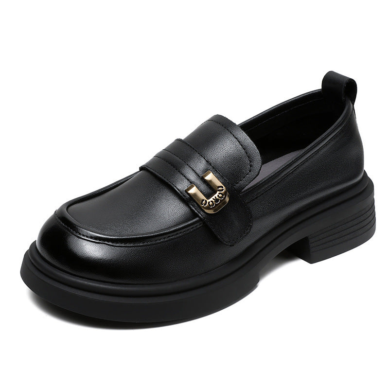 Women Retro Leather Low Block Classic Loafers-RAIIFY