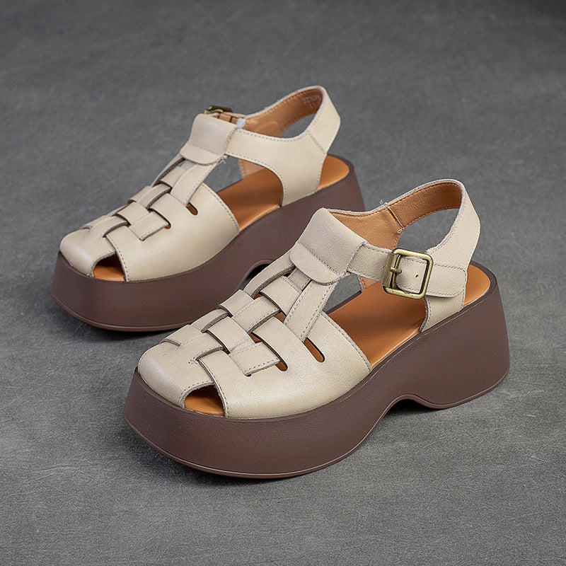 Women Summer Handmade Plaited Leather Platform Sandals-RAIIFY
