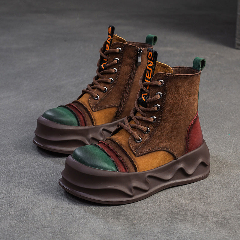 Women Color Matching Leather Winter Furred Boots-RAIIFY