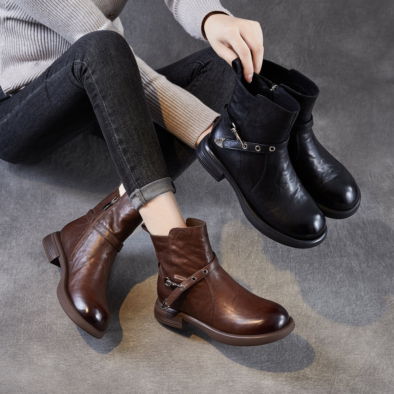 Women's Vintage Furred Plain Leather Ankle Boots-RAIIFY