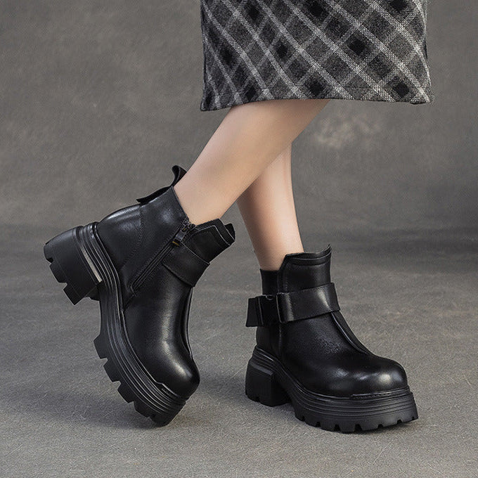 Women's Minimalist Plain Leather Buckle Furred Snow Boots-RAIIFY