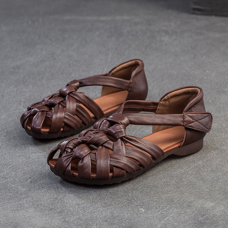 Women Vintage Plaited Leather Velcro Flat Sandals-RAIIFY