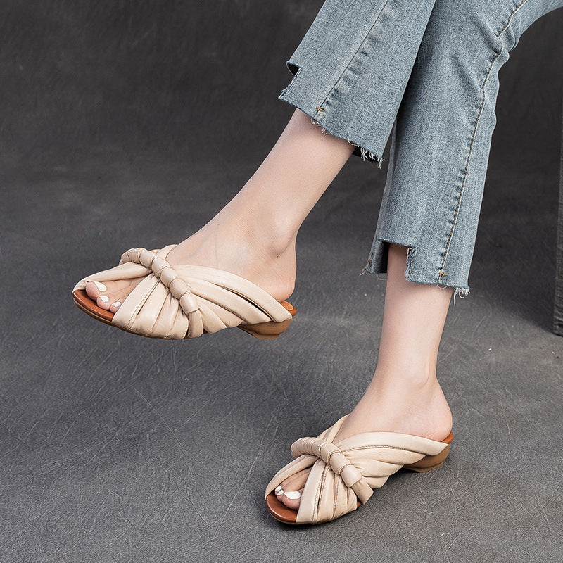 Women Retro Minimalist Leather Casual Slides-RAIIFY
