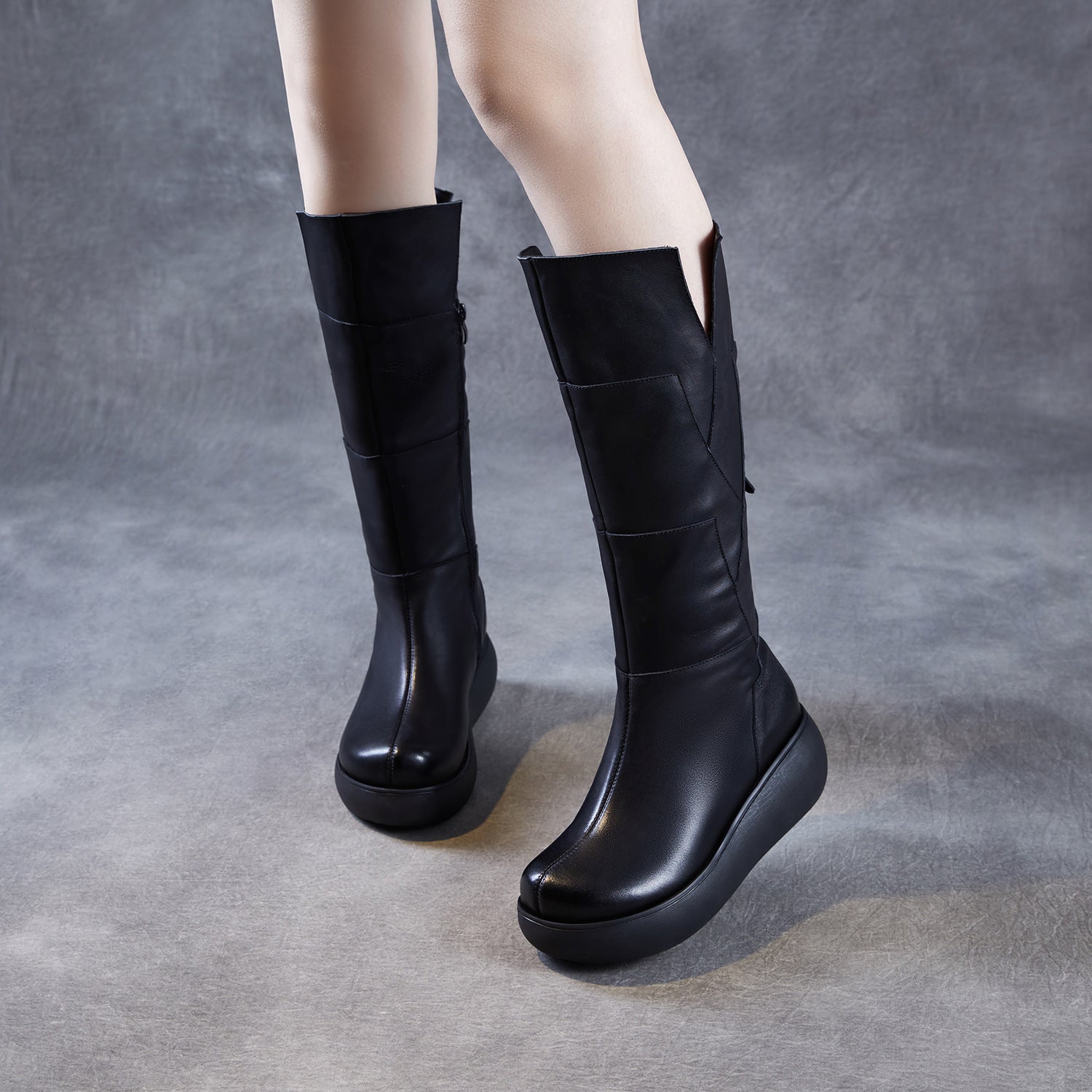 Women's Winter Furred Leather Platform Riding Boots-RAIIFY