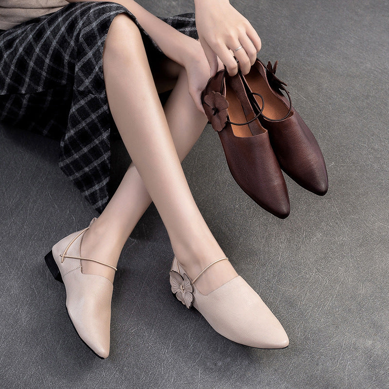 Women's Retro Plain Soft Leather Pointed-Toe Flats-RAIIFY