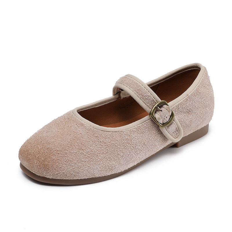 Women Retro Plain Suede Buckle Soft Flats-RAIIFY