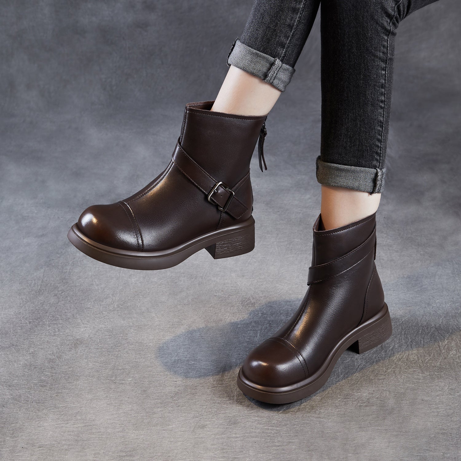 Women's Vintage Leather Buckle Strap Ankle Boots-RAIIFY