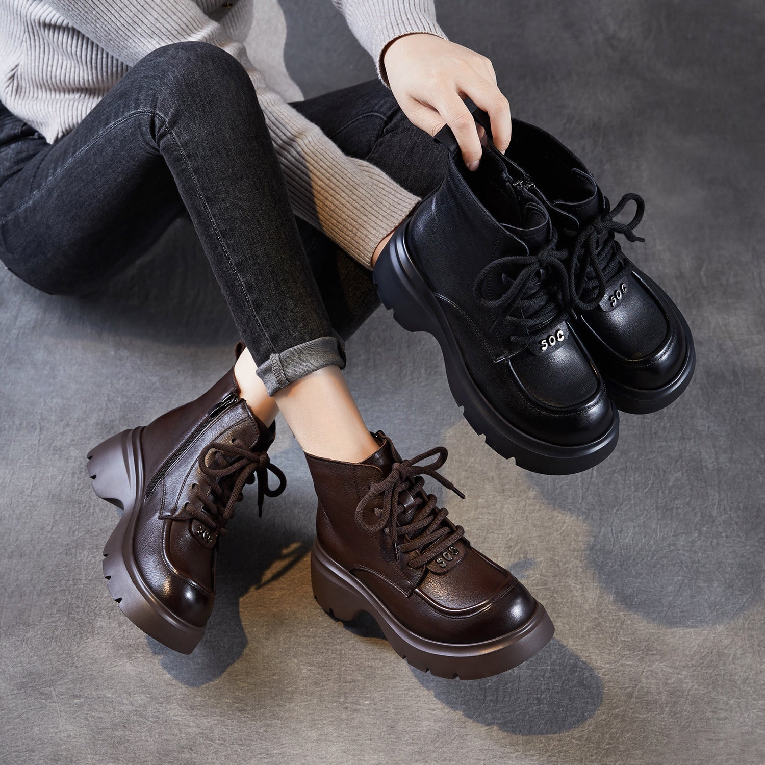 Women's Retro Plain Leather Comfort Platform Ankle Boots-RAIIFY