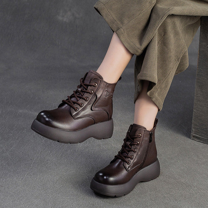 Women's Retro Plain Leather Platform Ankle Snow Boots-RAIIFY