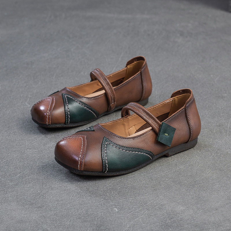 Women Vintage Color Matching Leather Soft Flats-RAIIFY