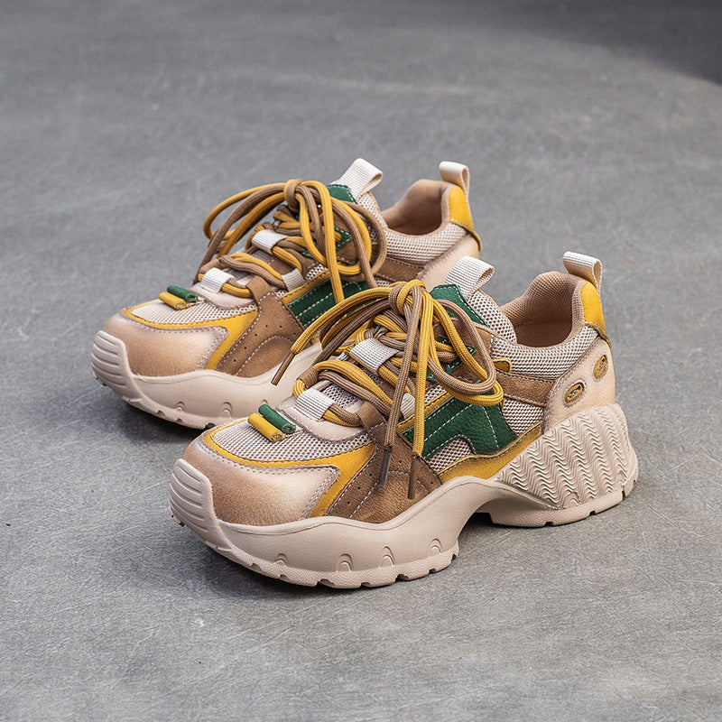 Women Retro Patchwork Leather Thick Soled Casual Sneakers-RAIIFY