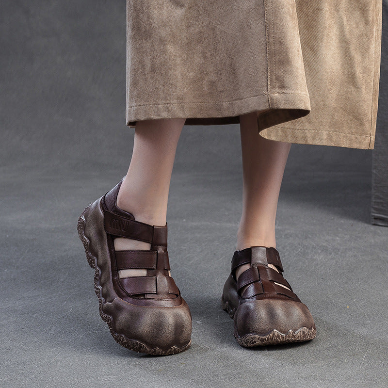 Women Vintage Hollow Leather Thick Soled Casual Sandals-RAIIFY