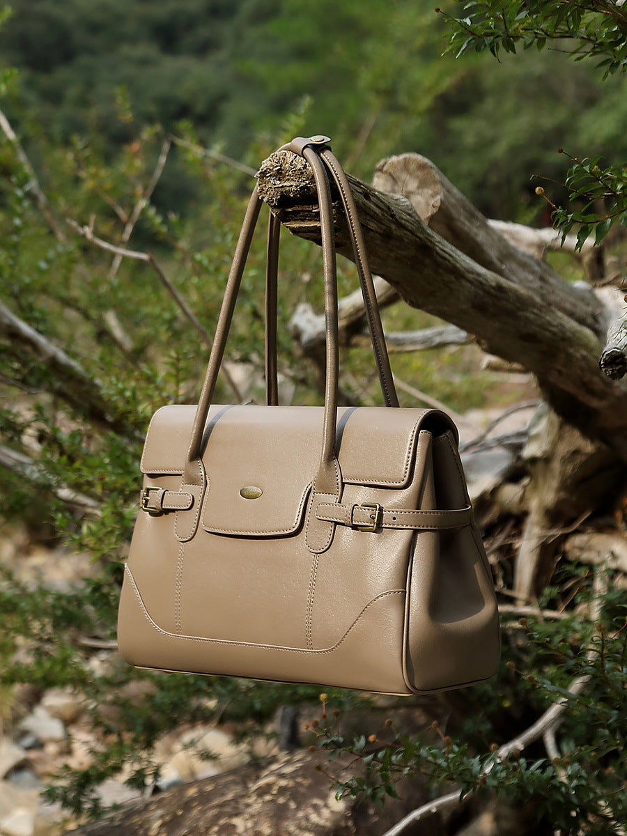 Women’s Minimalist Plain Leather Shoulder Tote Bag-RAIIFY