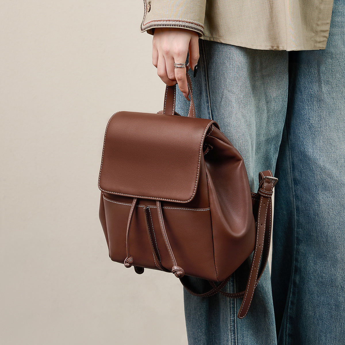 Women's Fashion Plain Leather Casual Backpack-RAIIFY