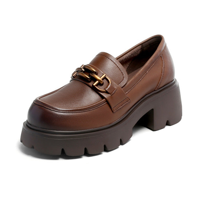 Women Retro Chain Leather Chunky Platform Loafers-RAIIFY
