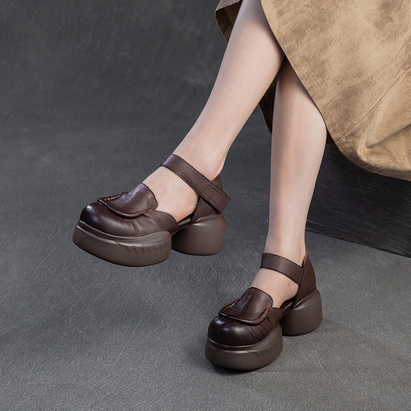Women Retro Plain Leather Round Head Chunky Platform Sandals-RAIIFY