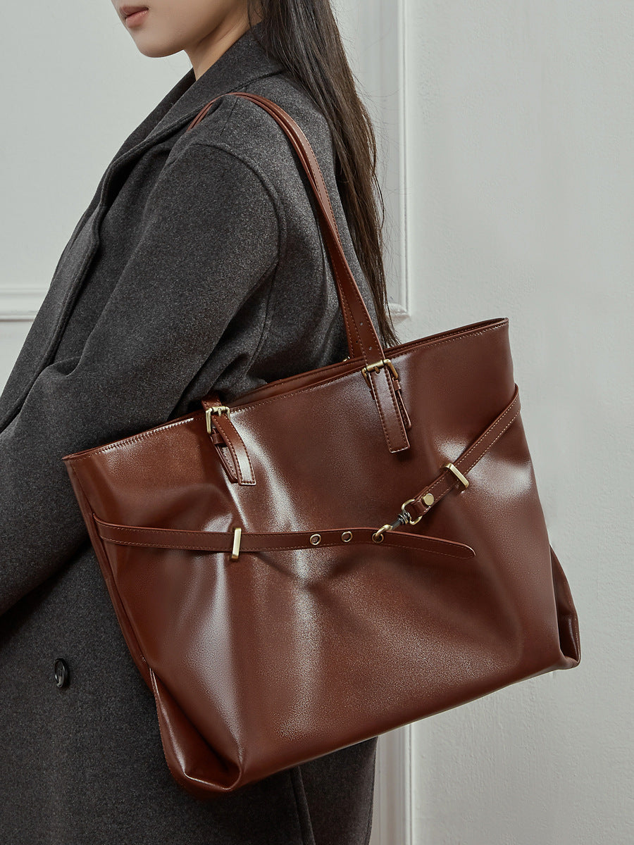 Women's Retro Plain Leather Shoulder Tote Bag-RAIIFY