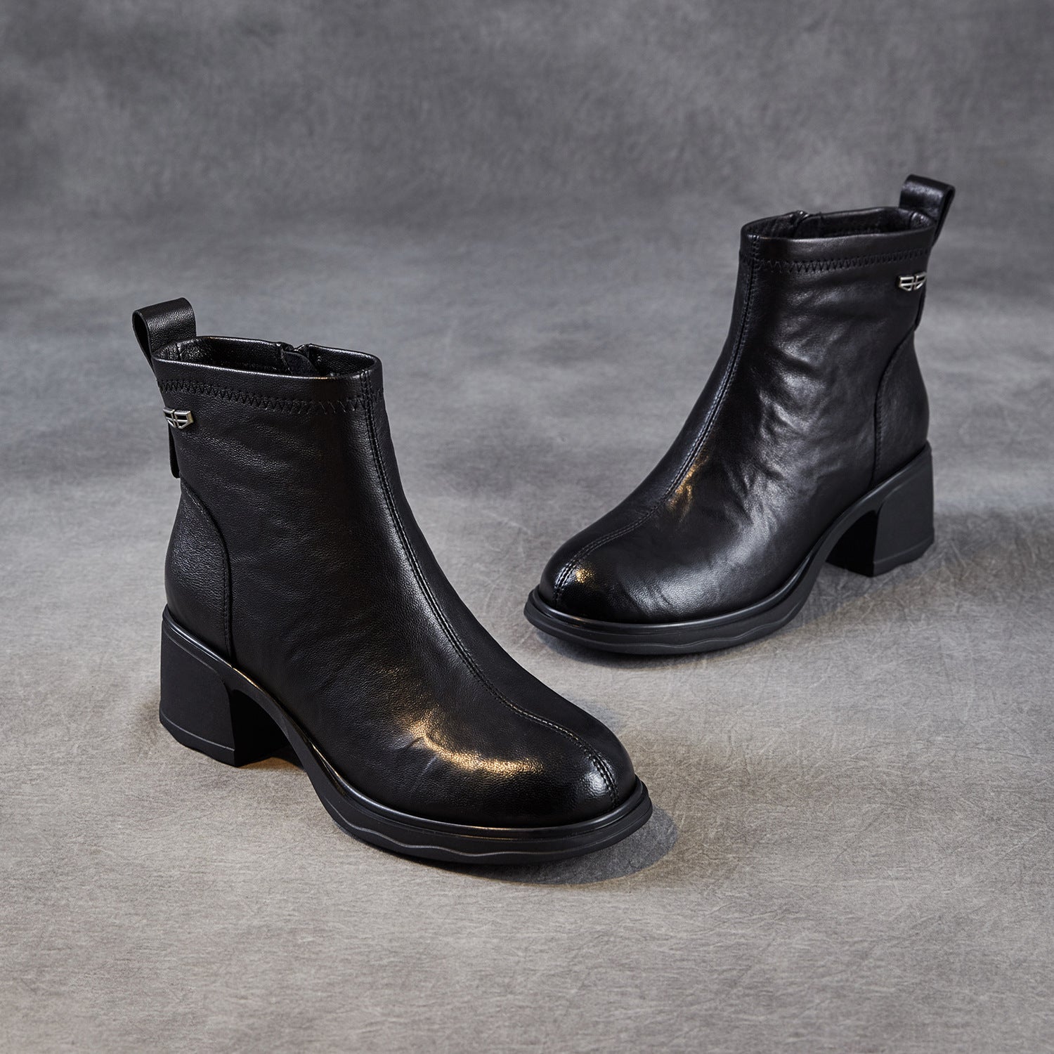 Women's Plain Leather Chunky Heel Furred Ankle Boots-RAIIFY