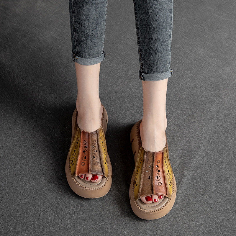 Women's Fashion Color Matching Leather Platform Slides-RAIIFY