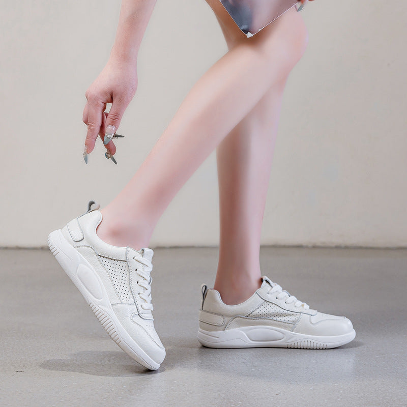Women's Perforated Cowhide Leather White Sneakers-RAIIFY