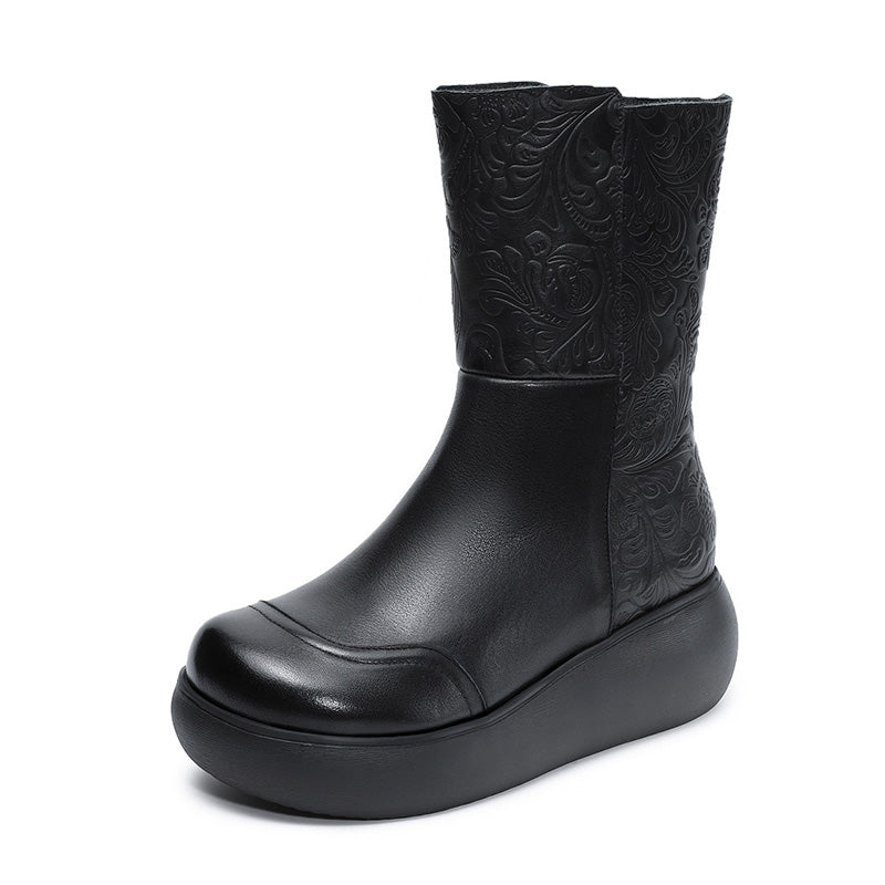 Women's Vintage Embossed Leather Furred Platform Boots-RAIIFY