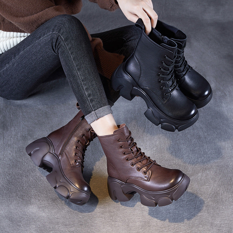 Women's Retro Plain Leather Chunky Platform Boots-RAIIFY