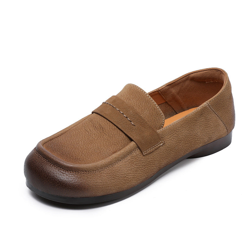 Women Retro Solid Leather Casual Flat Soft Loafers-RAIIFY