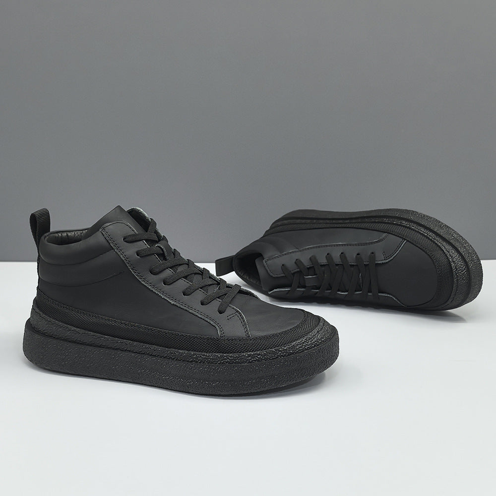 Men Solid Black Leather Simple Casual Shoes-RAIIFY