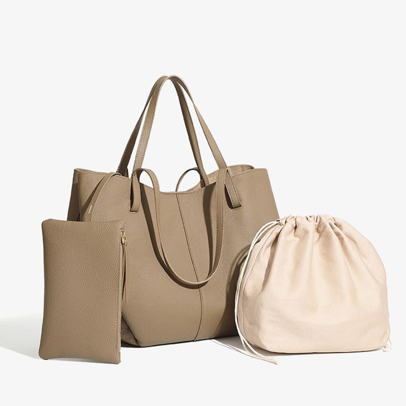 Women’s Leather Tote Bag with Detachable Pouch-RAIIFY