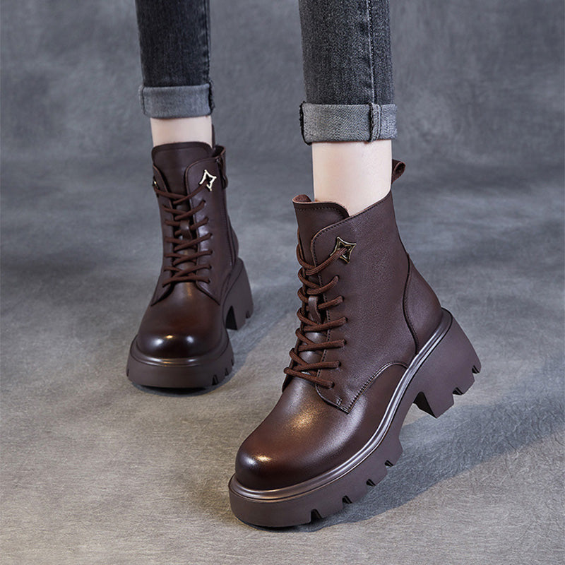 Women Vintage Minimalism Leather Platform Boots-RAIIFY