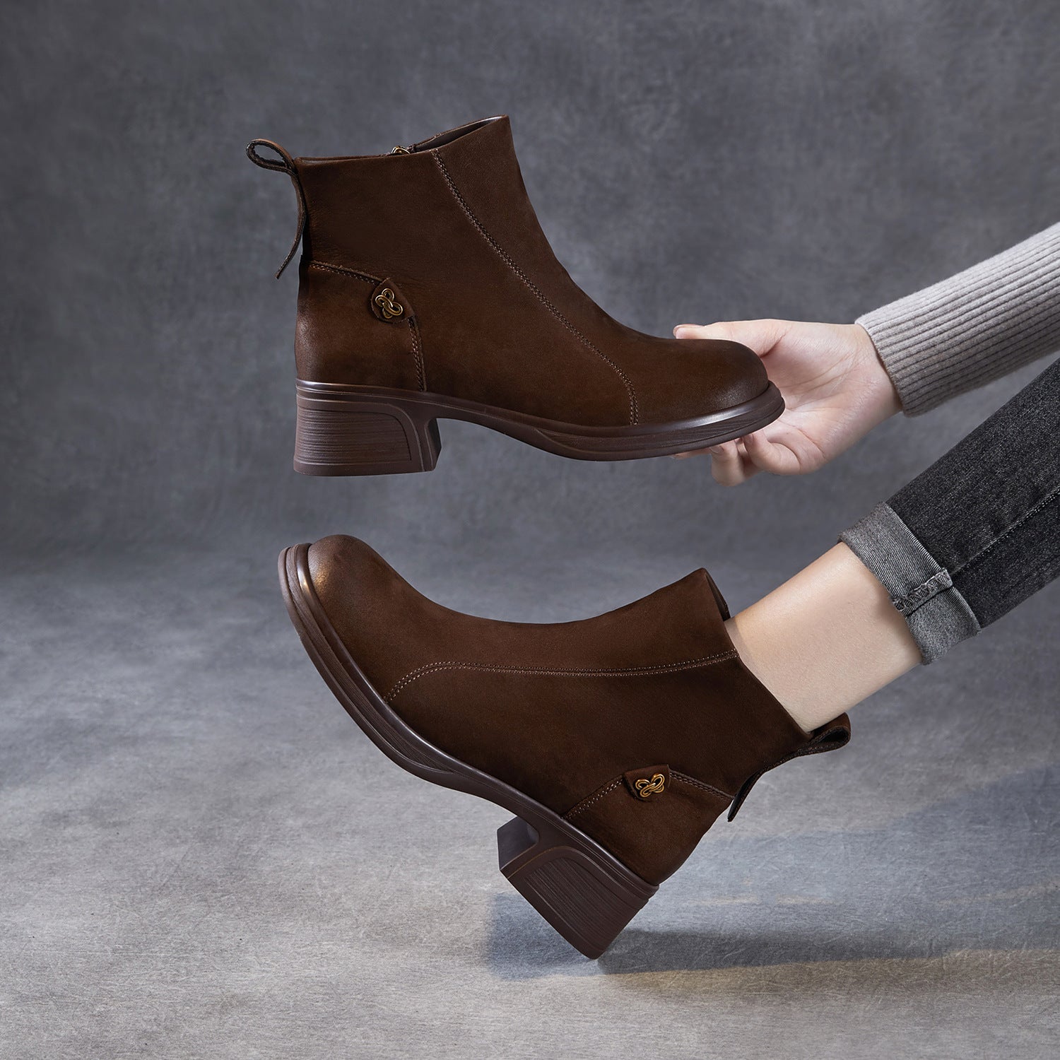 Women's Vintage Leather Chunky Heel Ankle Boots-RAIIFY