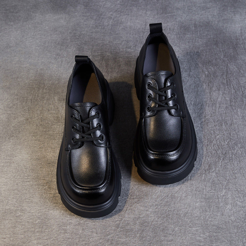 Women Retro Leather Lace-up Platform Loafers-RAIIFY
