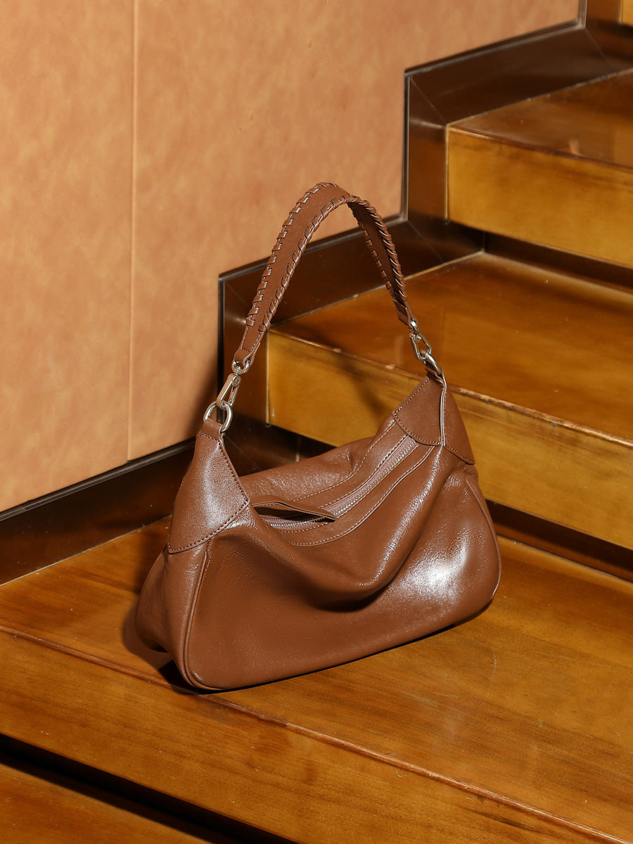 Women’s Retro Plain Soft Leather Retro Shoulder Hobo Bag-RAIIFY