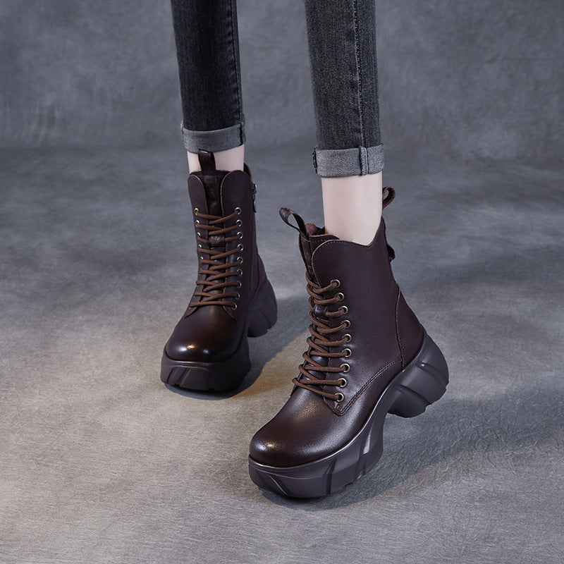 Women Retro Soft Leather Chunky Platform Boots-RAIIFY