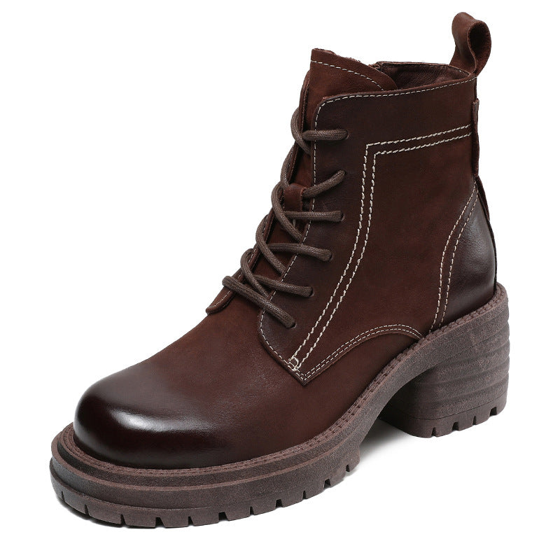 Women Vintage Quilted Leather Chunky Heel Ankle Boots-RAIIFY