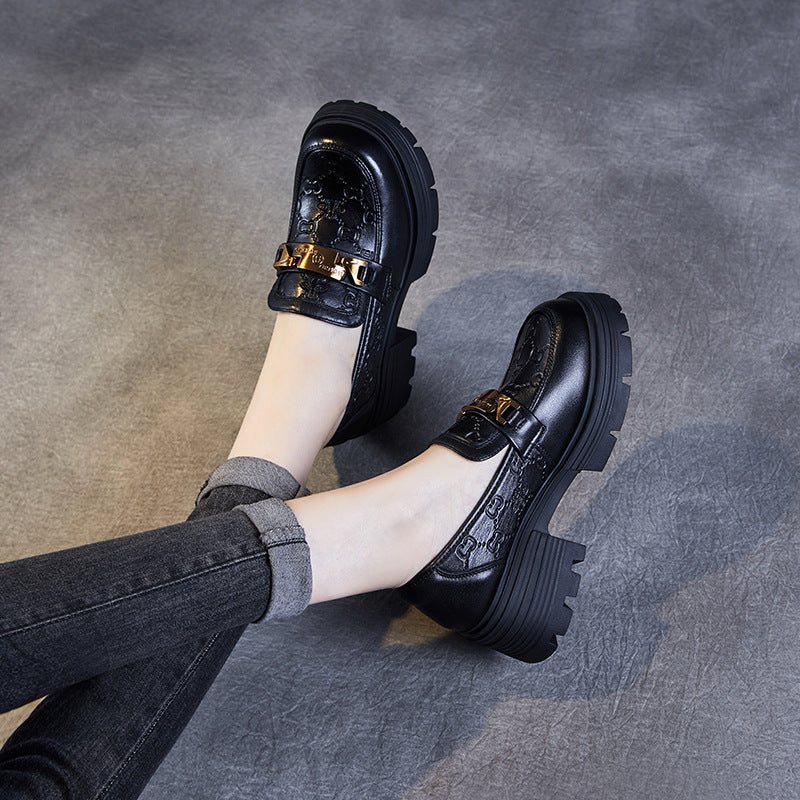Women Retro Embossed Leather Thick Soled Loafers-RAIIFY