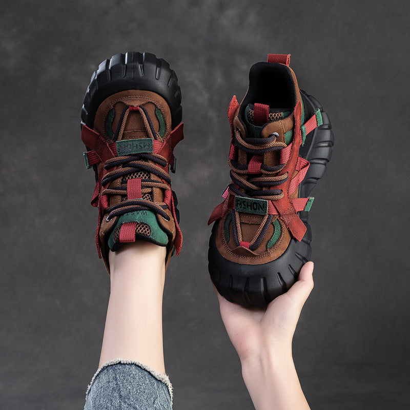 Women Color Matching Leather High-Top Platform Casual Shoes-RAIIFY